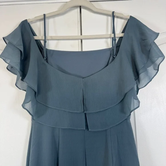 NWT Wayf Lauren Off the Shoulder Maxi Dress Granite Blue Ruffle Gown Size Small - Picture 7 of 12